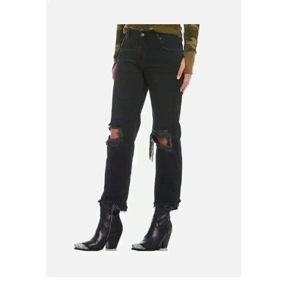 *Free People We Free Maggie Mid-Rise Straight Leg Distressed Black Jeans Size 24